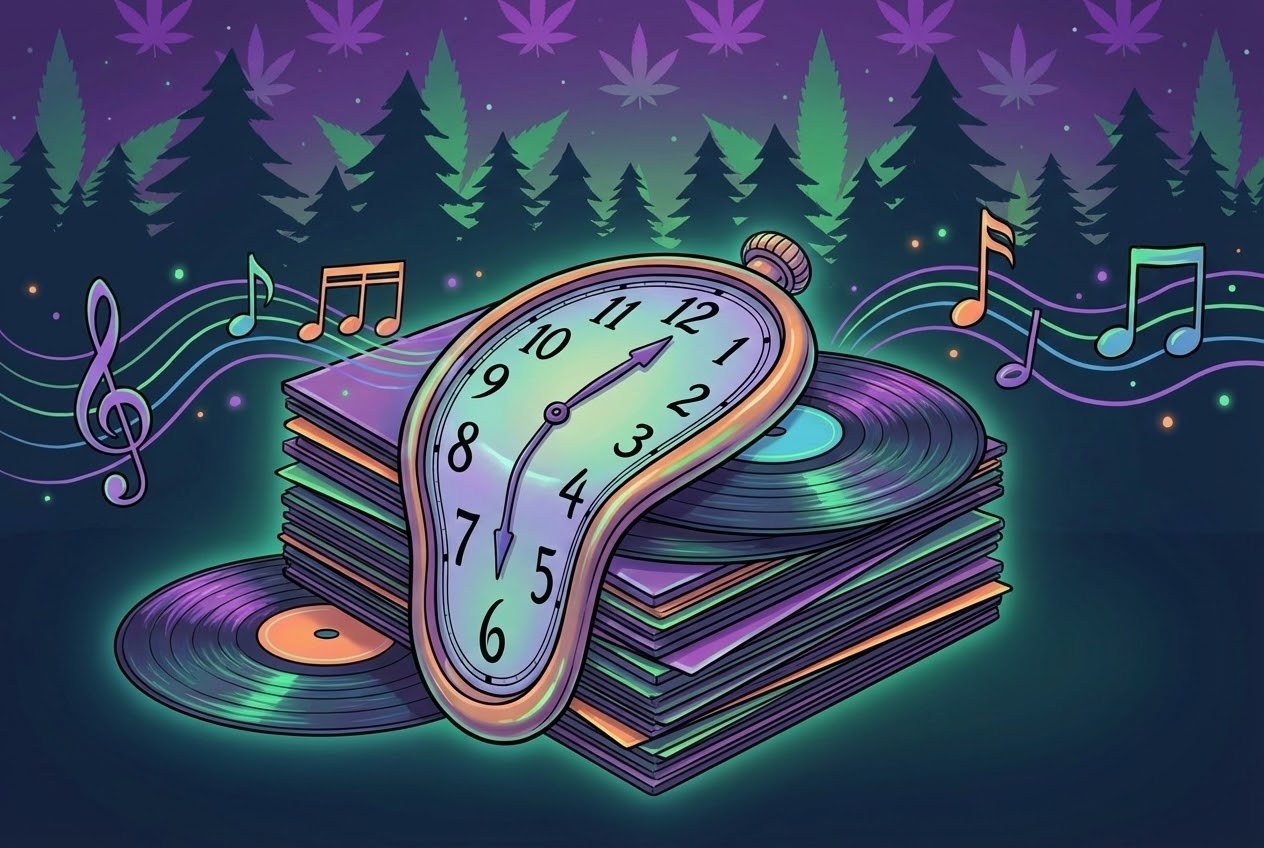 A surreal, artistic illustration of a clock melting over a stack of vinyl records, surrounded by floating, colorful musical notes